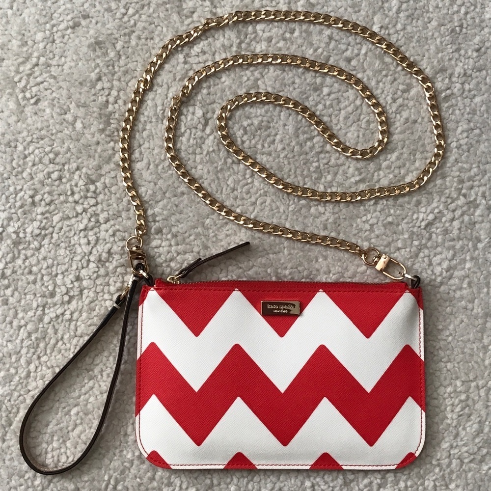Kate Spade Chevron Wristlet Red White With FREE Crossbody Chain